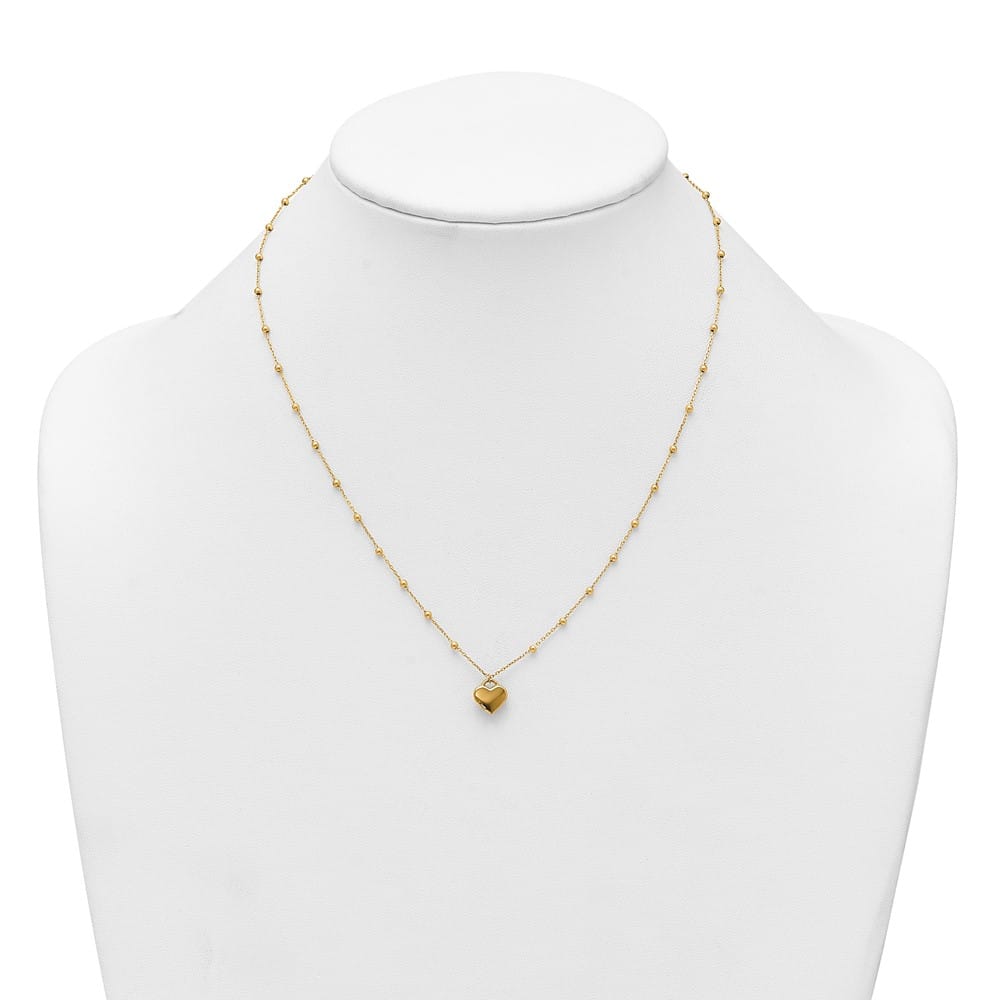 14K Yellow Gold Heart Pendant and Beaded Chain 18 inch Necklace