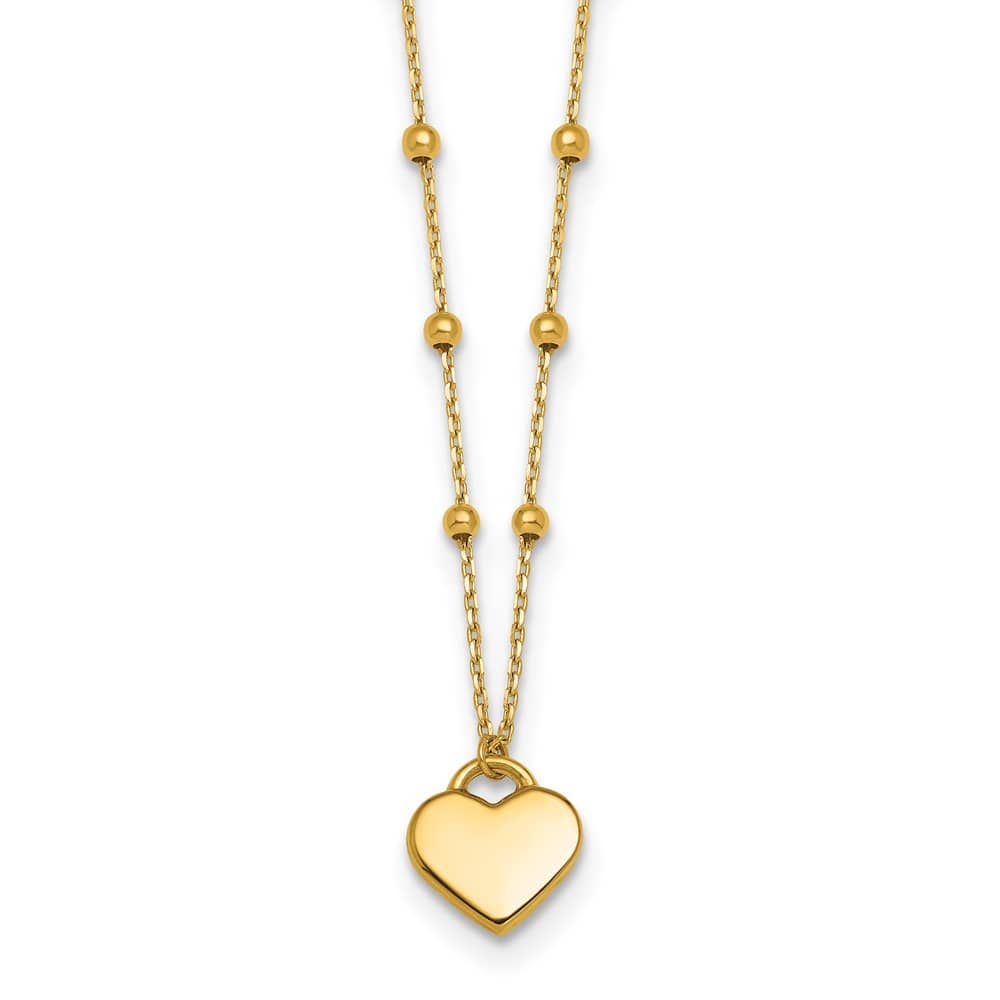 14K Yellow Gold Heart Pendant and Beaded Chain 18 inch Necklace