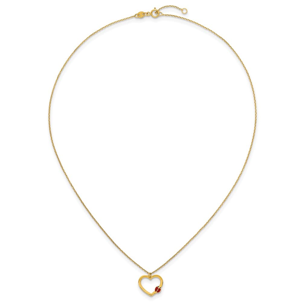 14K Yellow Gold Heart with Enamel Ladybug 16.25 inch Necklace