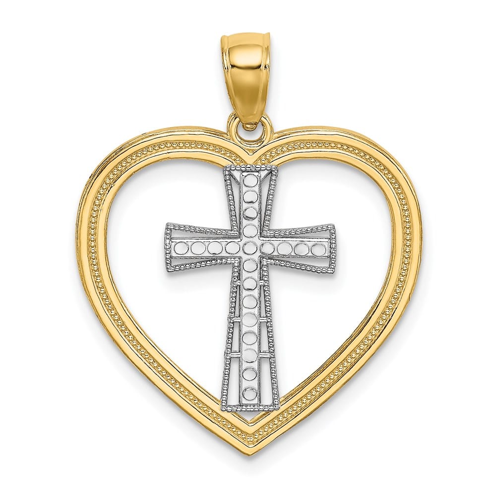 14K Yellow Gold Heart with White Cross In Center Charm