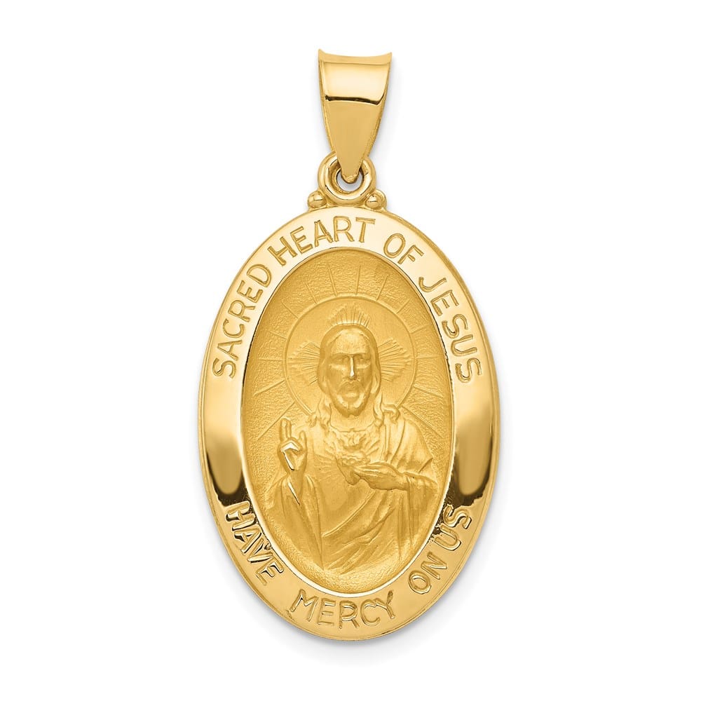 14K Yellow Gold Hollow Sacred Heart of Jesus Oval Medal