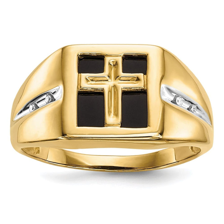 14k Yellow Gold IB Goodman 10 mm Square Onyx and Diamond Cross Ring