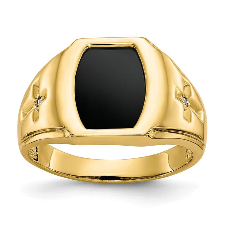 14k Yellow Gold IB Goodman Cushion Onyx and .01 Carat Men's Ring