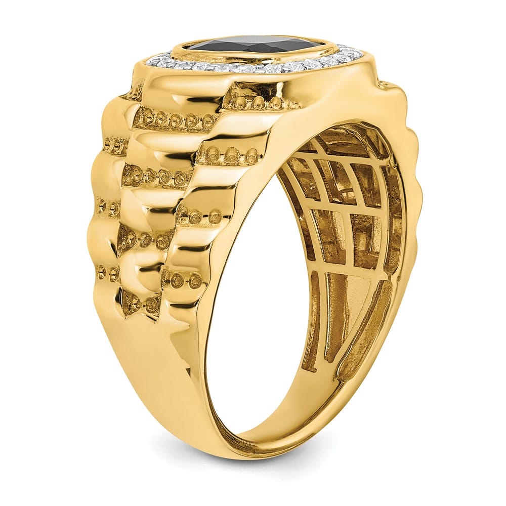 14k Yellow Gold IB Goodman Cushion Onyx and Diamond Halo Men's Ring Stock Size 10 Ring Are Refundable