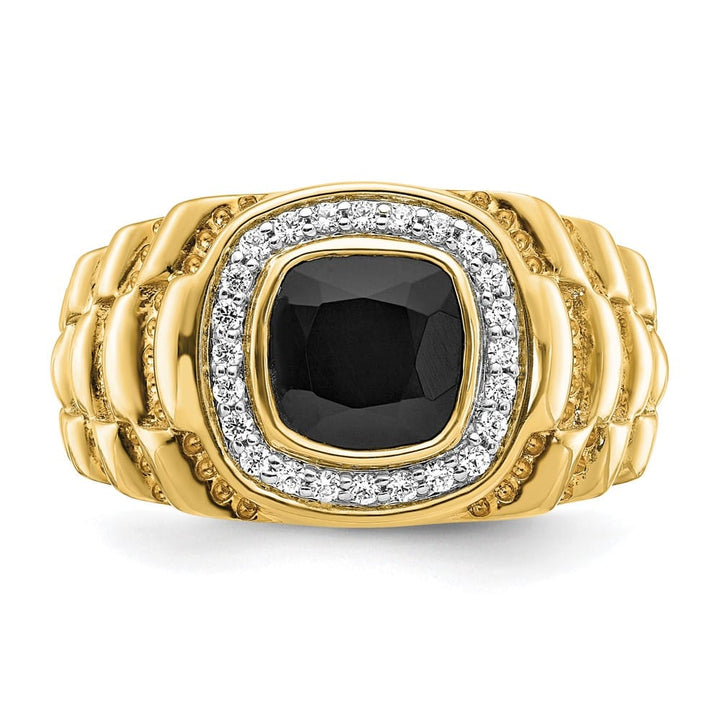14k Yellow Gold IB Goodman Cushion Onyx and Diamond Halo Men's Ring Stock Size 10 Ring Are Refundable