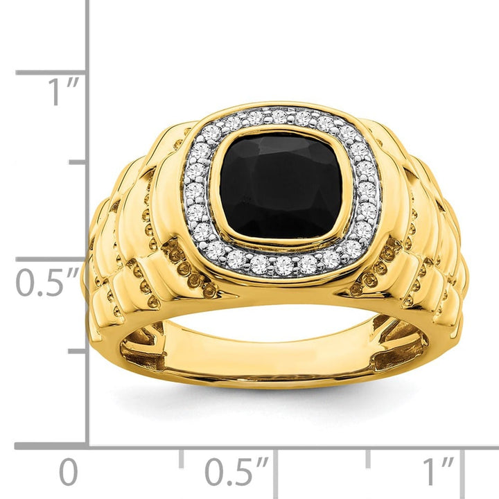 14k Yellow Gold IB Goodman Cushion Onyx and Diamond Halo Men's Ring Stock Size 10 Ring Are Refundable