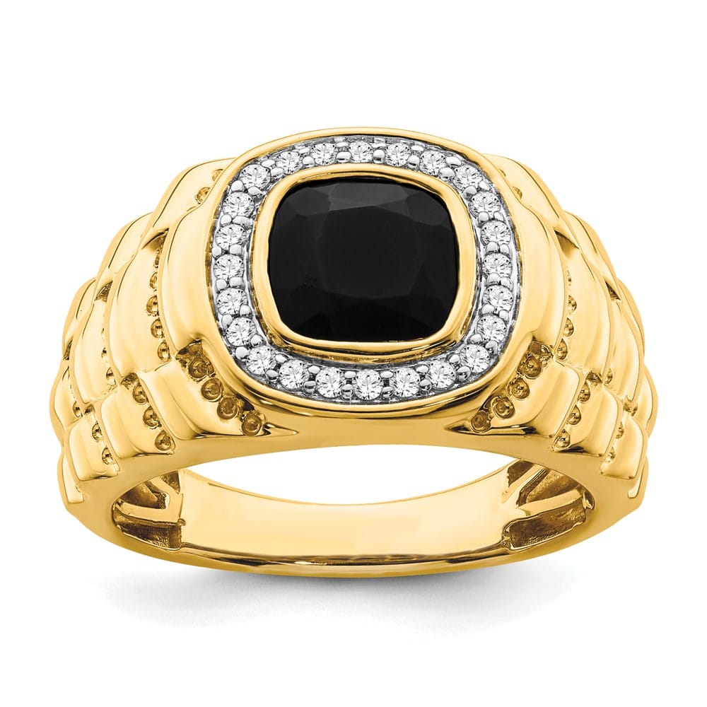 14k Yellow Gold IB Goodman Cushion Onyx and Diamond Halo Men's Ring Stock Size 10 Ring Are Refundable