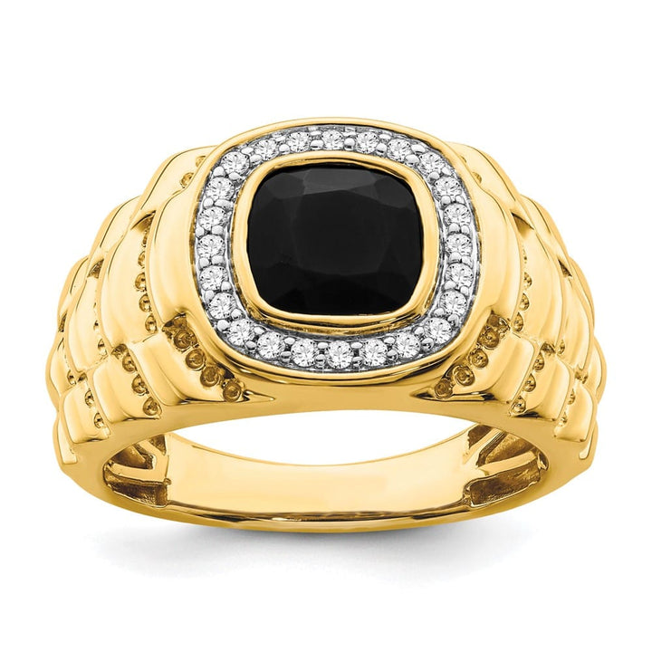 14k Yellow Gold IB Goodman Cushion Onyx and Diamond Halo Men's Ring Stock Size 10 Ring Are Refundable