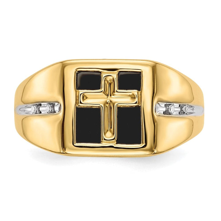 14k Yellow Gold IB Goodman Square Onyx and Diamond Cross Men's Ring