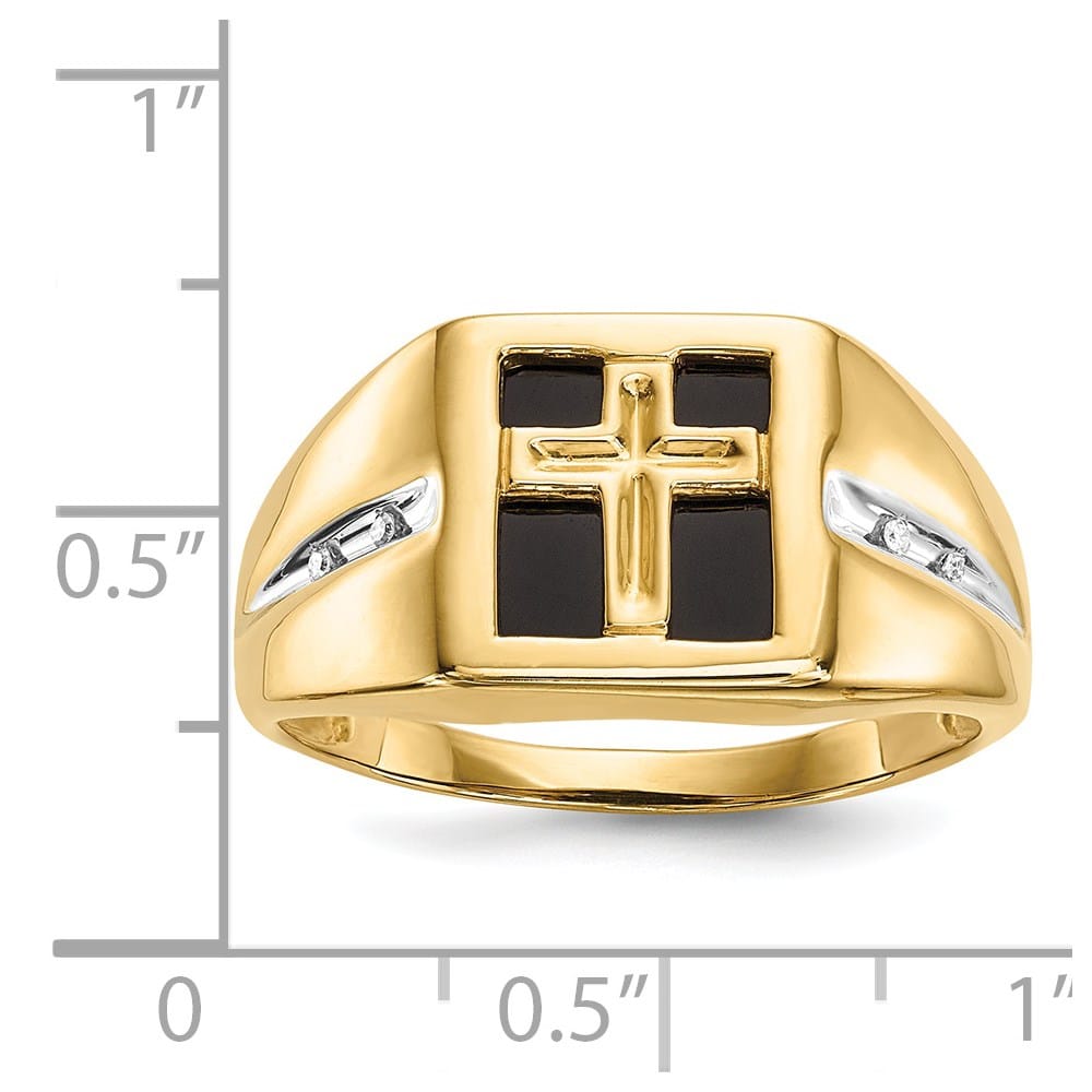 14k Yellow Gold IB Goodman Square Onyx and Diamond Cross Men's Ring