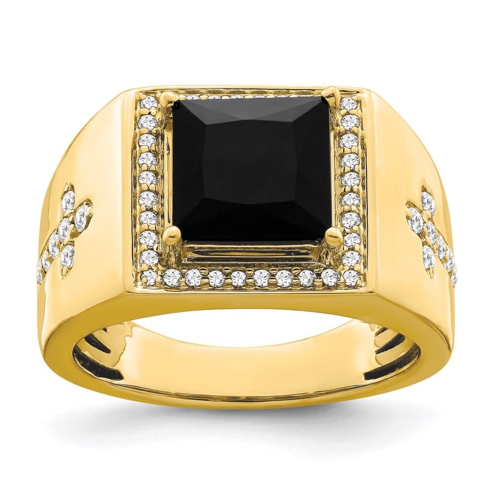 14k Yellow Gold IB Goodman Square Onyx and Diamond Halo Men's Ring Stock Size 10 Ring Are Refundable