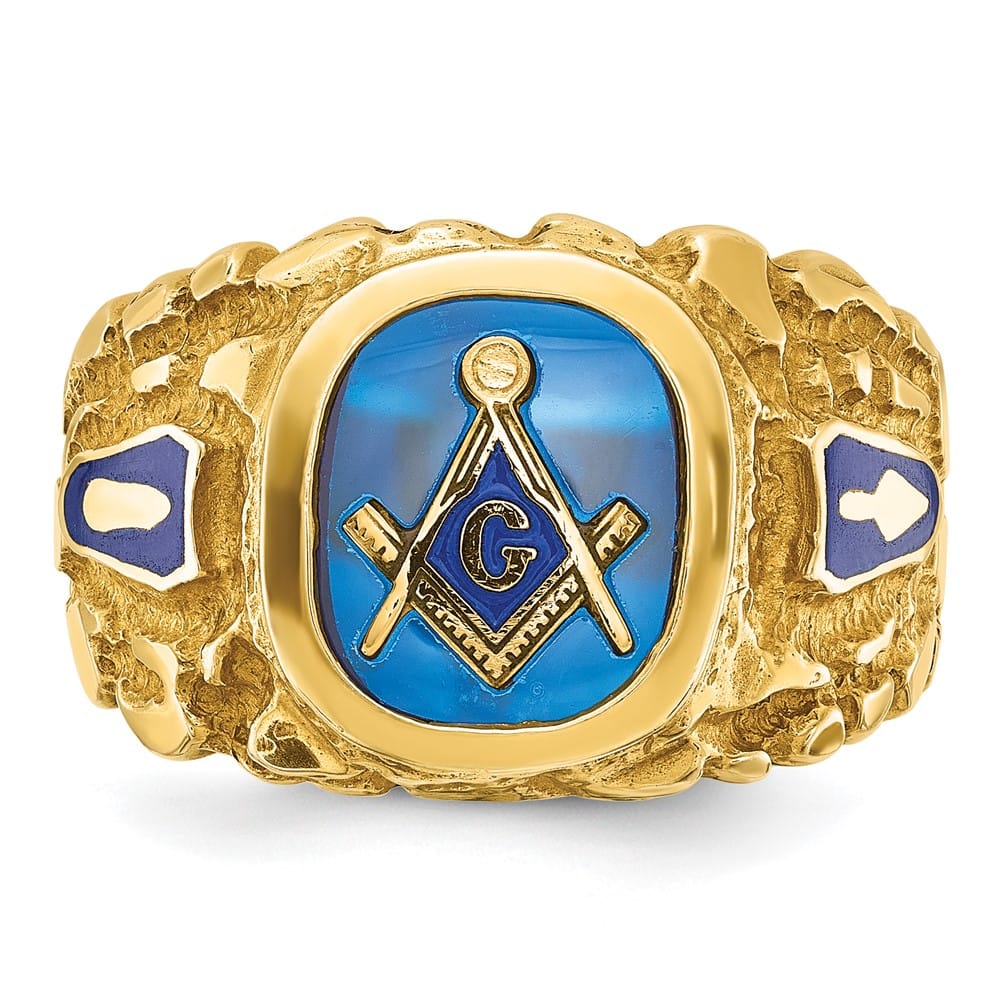 14k Yellow Gold IB Goodman with Blue Enamel Men's Blue Lodge Ring