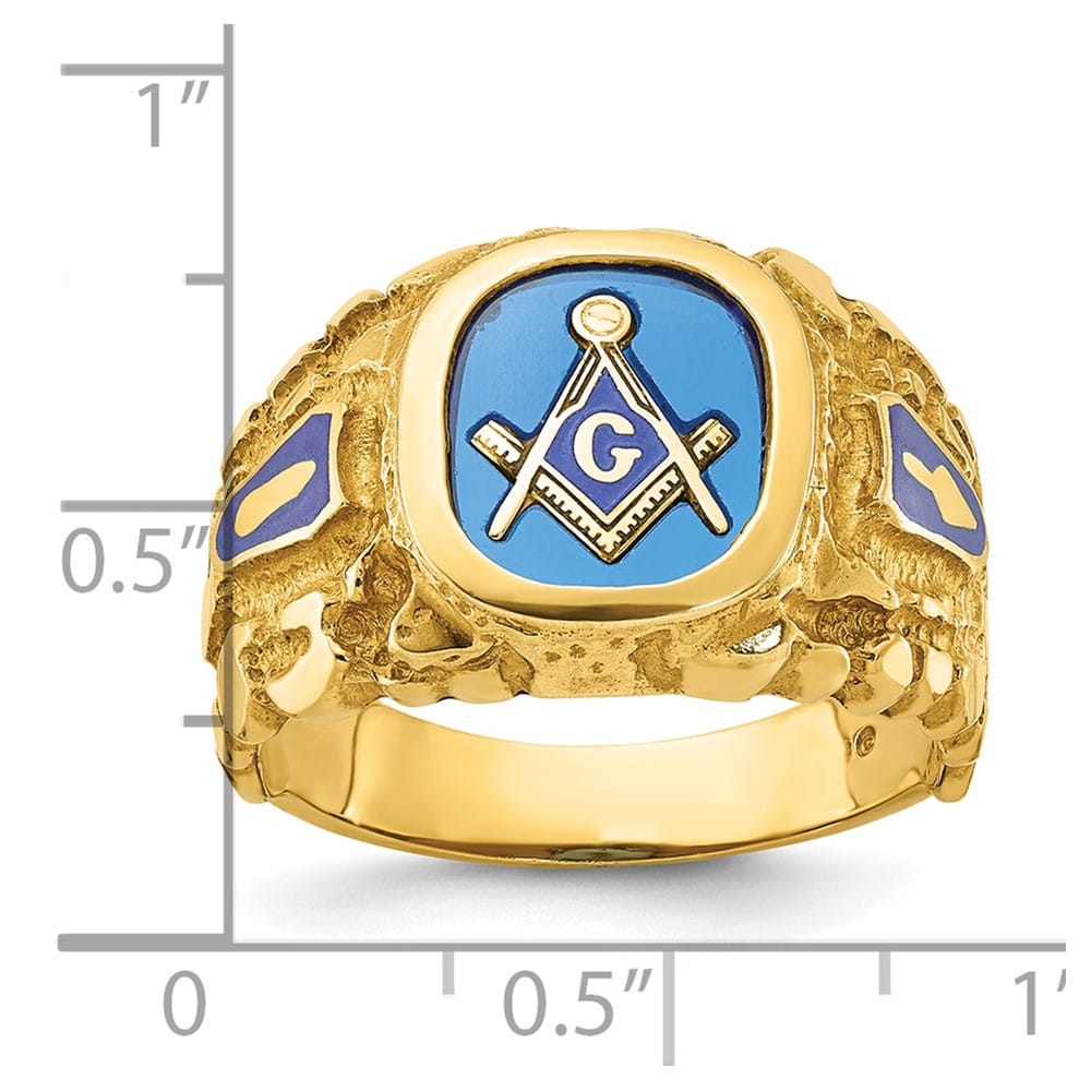 14k Yellow Gold IB Goodman with Blue Enamel Men's Blue Lodge Ring