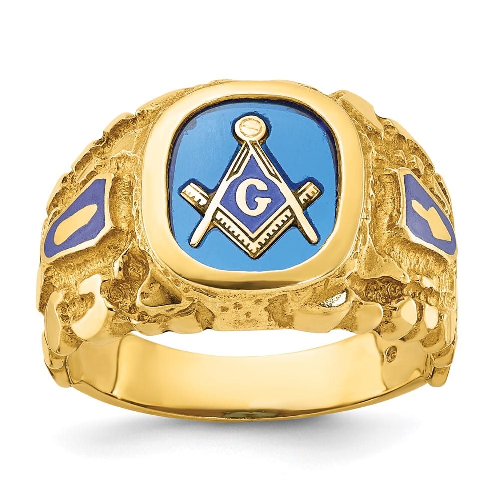 14k Yellow Gold IB Goodman with Blue Enamel Men's Blue Lodge Ring