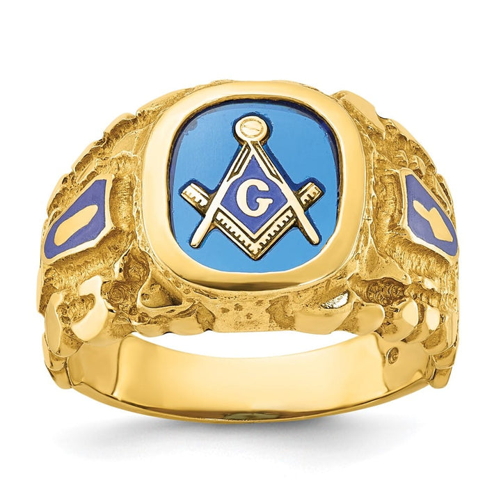 14k Yellow Gold IB Goodman with Blue Enamel Men's Blue Lodge Ring