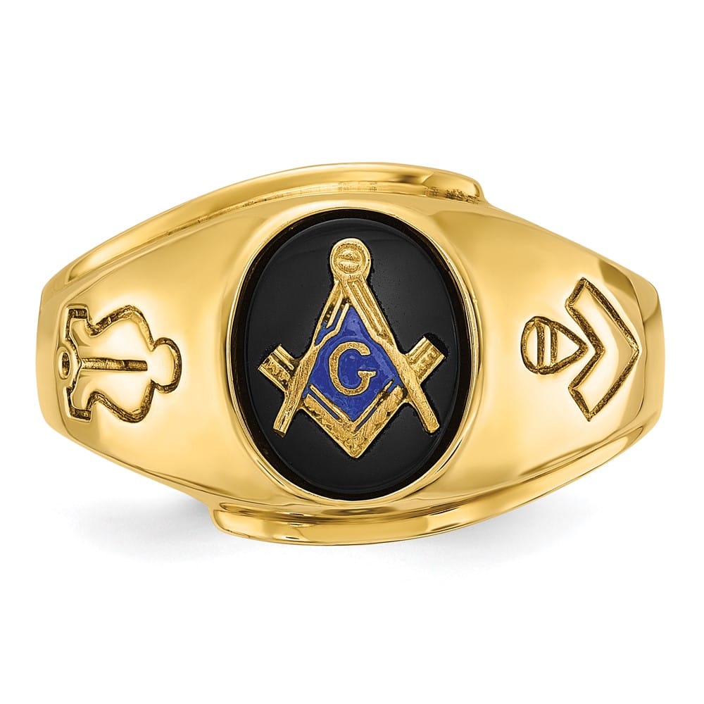 14k Yellow Gold IB Goodman with Oval Onyx Blue Lodge Master Men's Ring