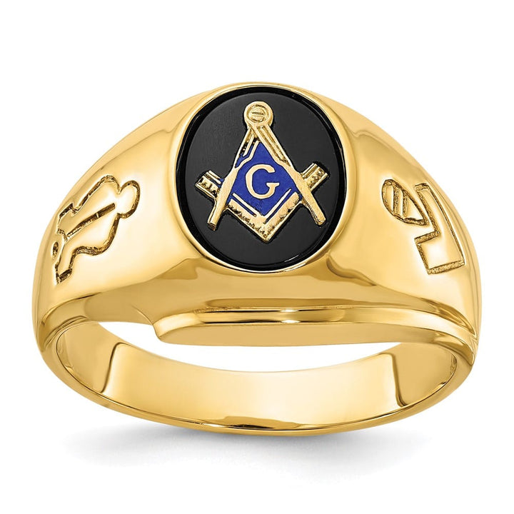 14k Yellow Gold IB Goodman with Oval Onyx Blue Lodge Master Men's Ring