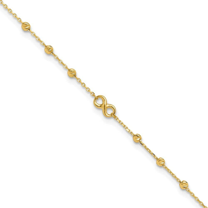 14K Yellow Gold Infinity Symbol and D.C. Beads Anklet — solid 14K yellow gold, 10 inches long, 1 inch extension, 0.95 mm wide, spring ring clasp, 1.23 g