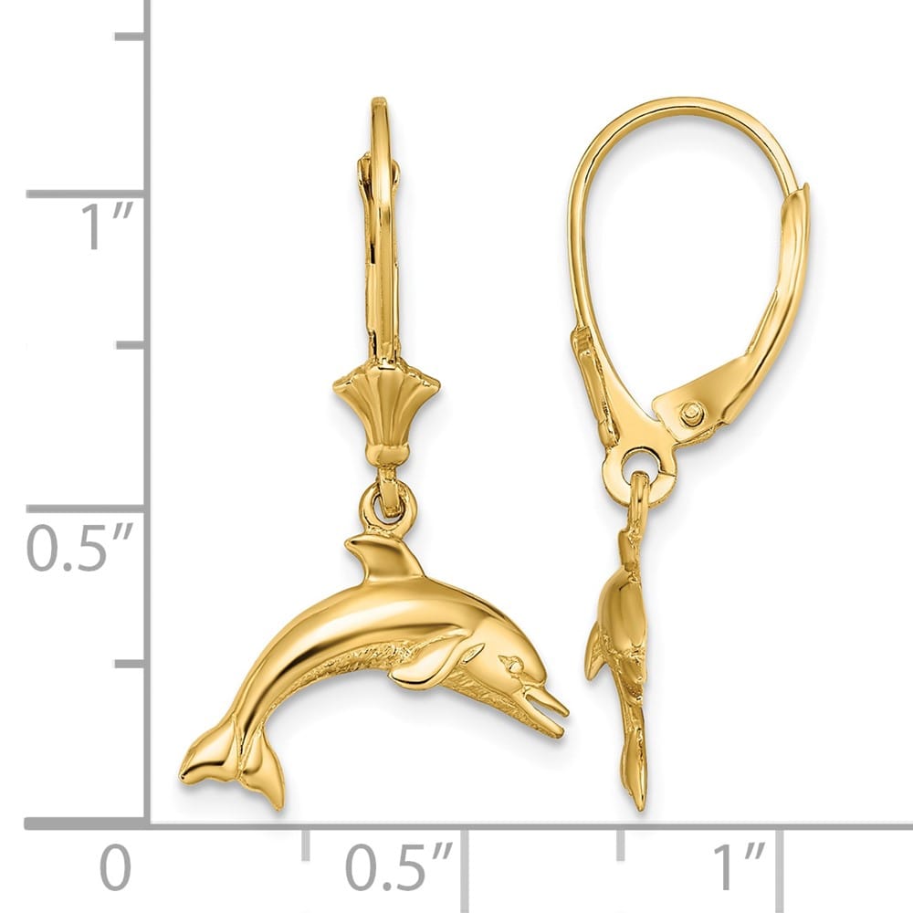 14K Yellow Gold Jumping Dolphin Dangle Leverback Earrings, view 4 of 4