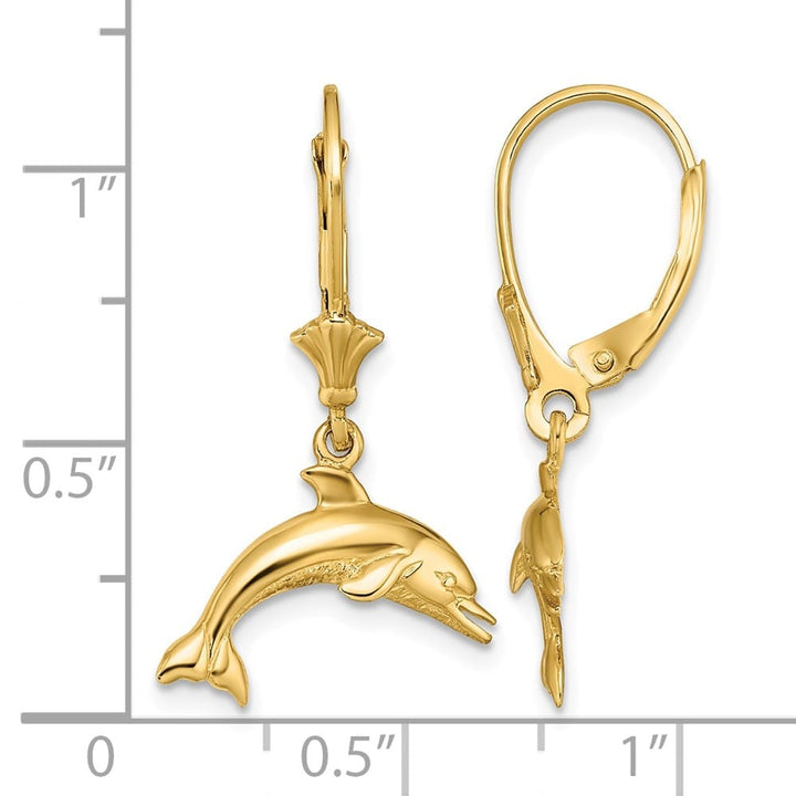 14K Yellow Gold Jumping Dolphin Dangle Leverback Earrings, view 4 of 4