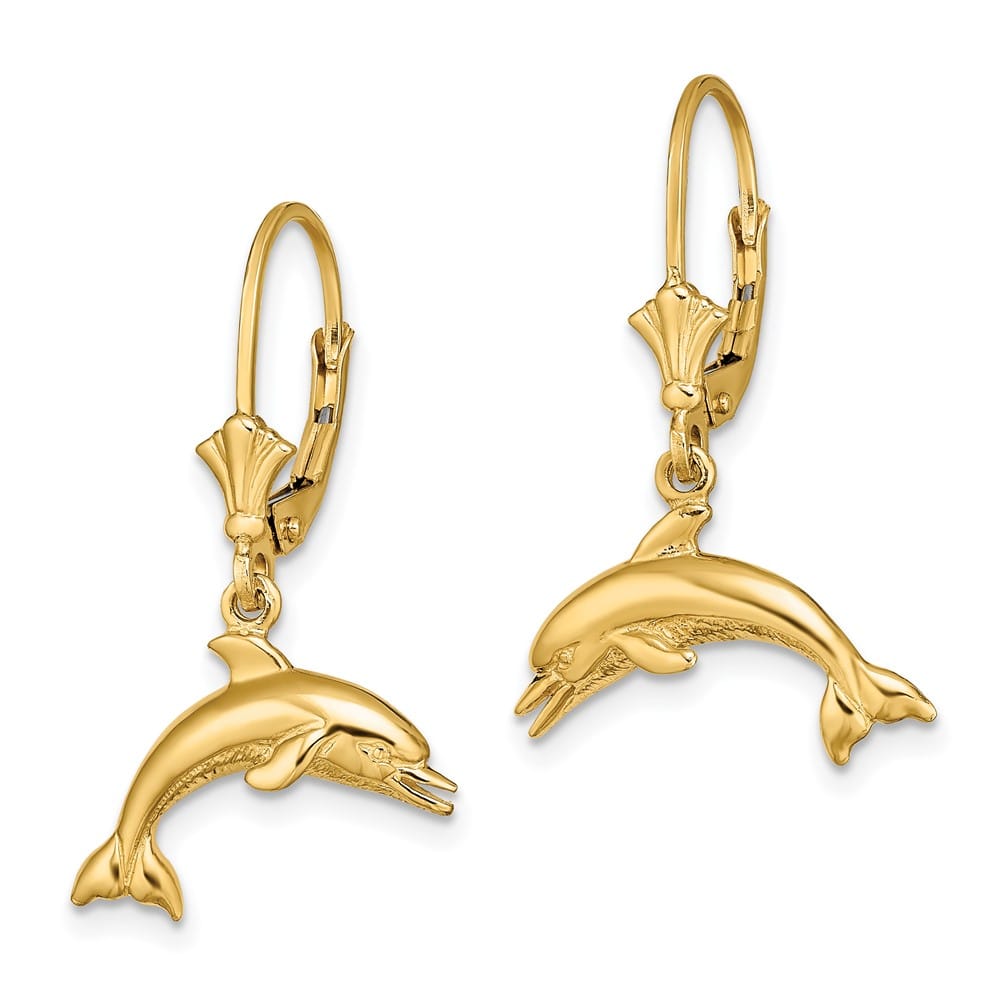 14K Yellow Gold Jumping Dolphin Dangle Leverback Earrings, view 2 of 4