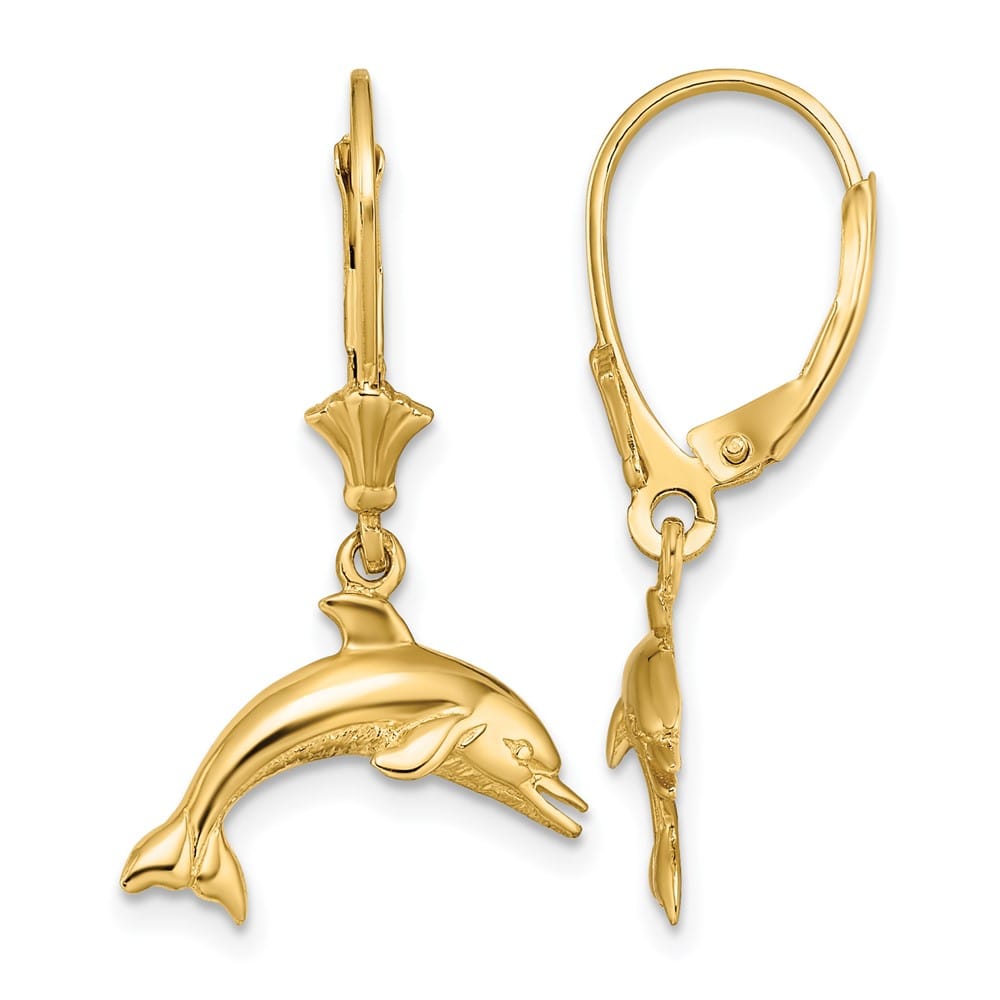 14K Yellow Gold Jumping Dolphin Dangle Leverback Earrings, view 1 of 4