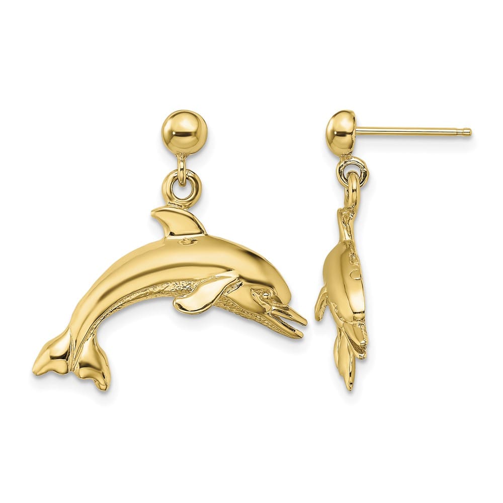 14K Yellow Gold Jumping Dolphin Dangle Post Earrings, view 1 of 4