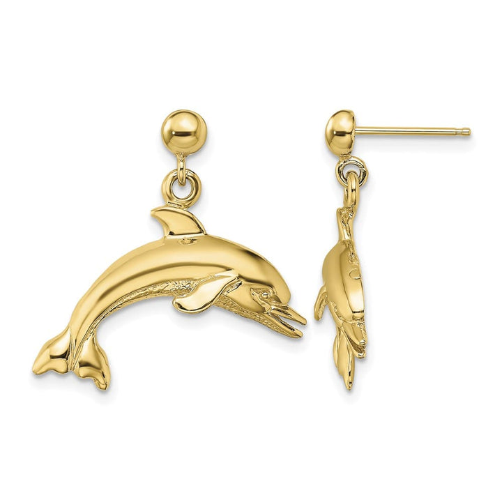 14K Yellow Gold Jumping Dolphin Dangle Post Earrings, view 1 of 4