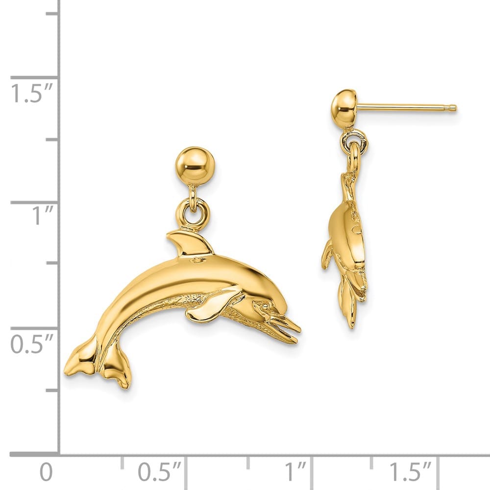 14K Yellow Gold Jumping Dolphin Dangle Post Earrings, view 4 of 4