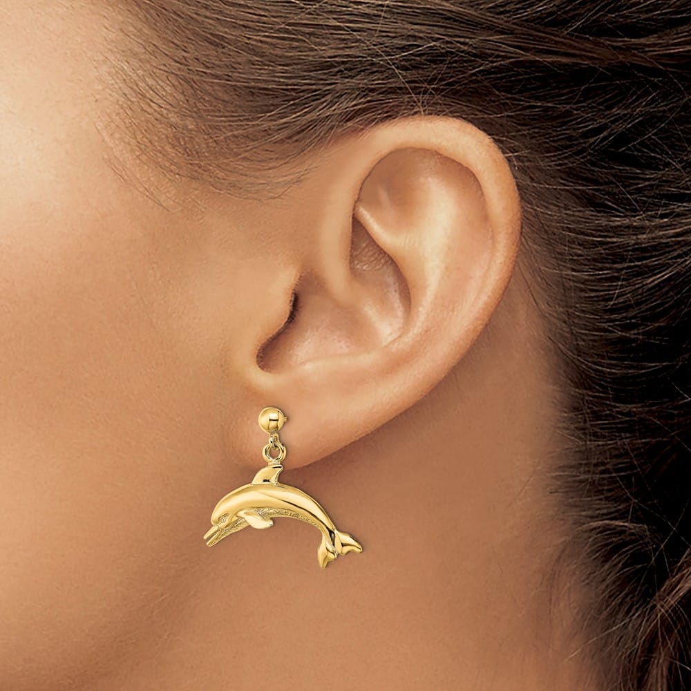 14K Yellow Gold Jumping Dolphin Dangle Post Earrings, view 3 of 4