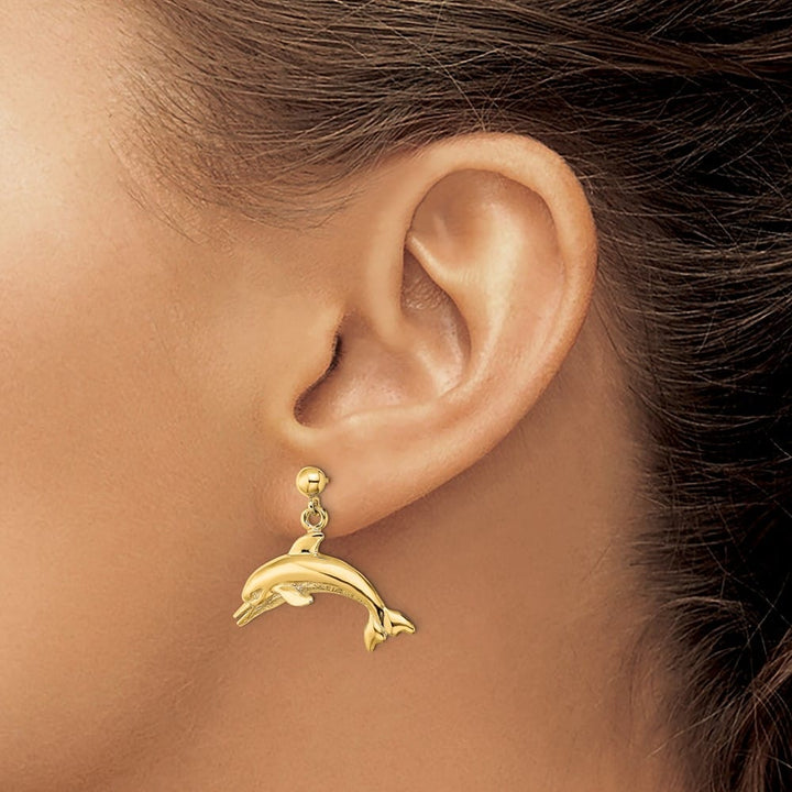 14K Yellow Gold Jumping Dolphin Dangle Post Earrings, view 3 of 4