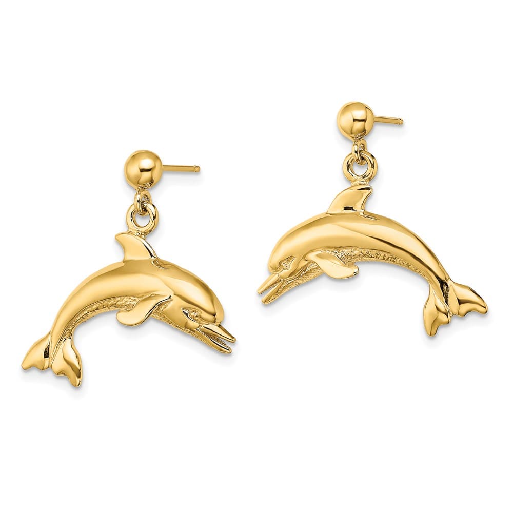 14K Yellow Gold Jumping Dolphin Dangle Post Earrings, view 2 of 4