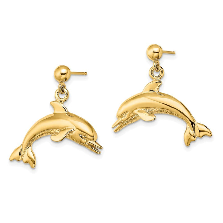 14K Yellow Gold Jumping Dolphin Dangle Post Earrings, view 2 of 4