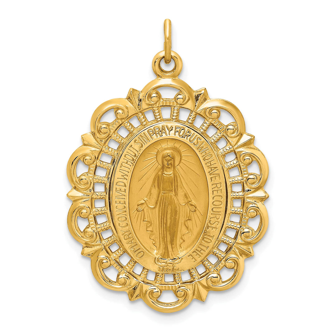 14K Yellow Gold Large Miraculous Medal Scalloped Edge Oval Pendant