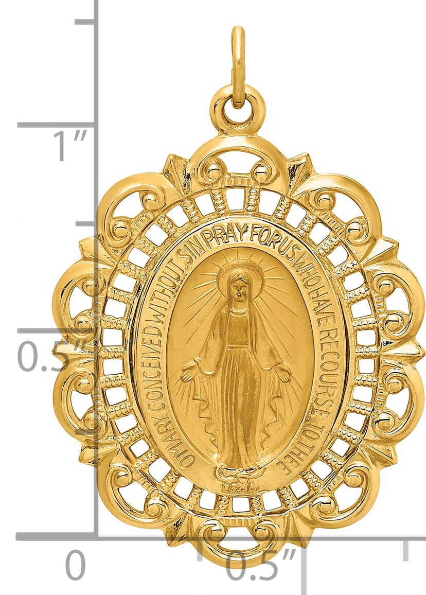 14K Yellow Gold Large Miraculous Medal Scalloped Edge Oval Pendant