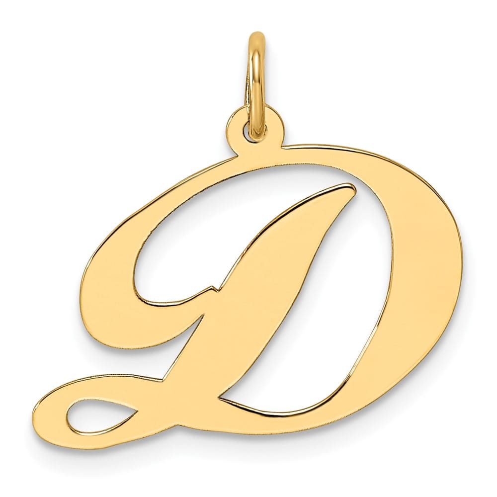 14K Yellow Gold Large Size Fancy Script Letter D Initial Charm Pendant