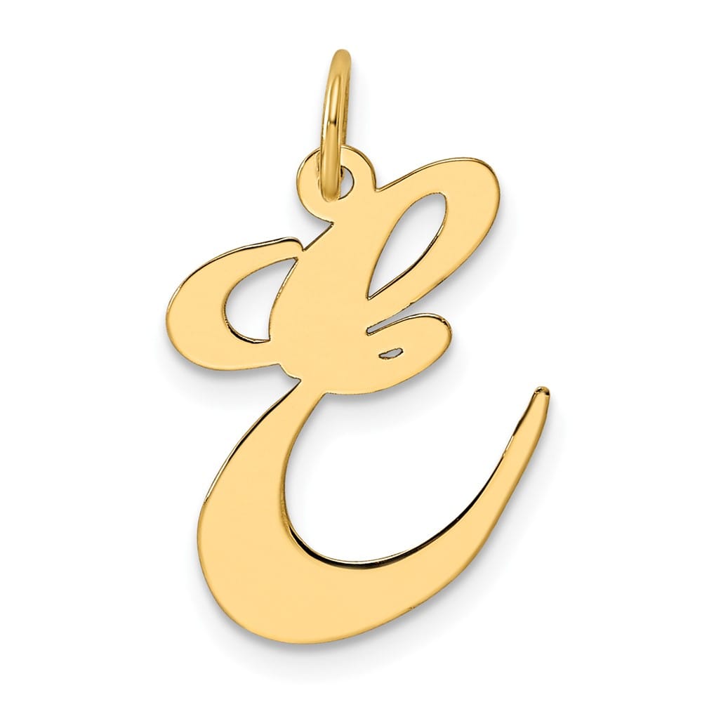 14K Yellow Gold Large Size Fancy Script Letter E Initial Charm Pendant