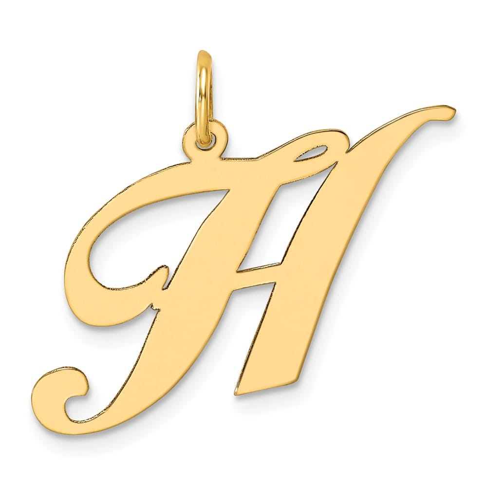 14K Yellow Gold Large Size Fancy Script Letter H Initial Charm Pendant