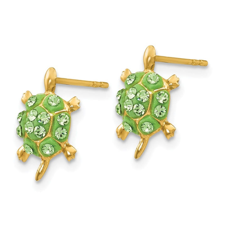 14K Yellow Gold Light Green Crystal Turtle Post Earrings, view 2 of 4