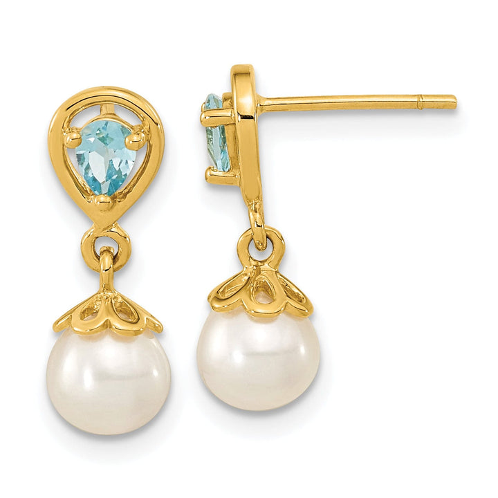14K Yellow Gold Luxe 6-7mm Pearl Swiss Blue Topaz Dangles