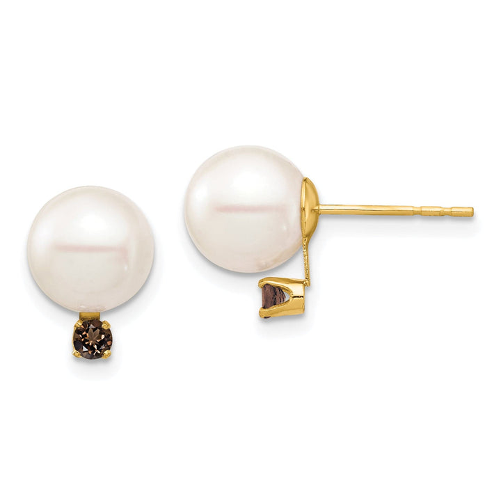 14K Yellow Gold Luxe 8-8.5mm Freshwater Pearl Smoky Quartz Studs