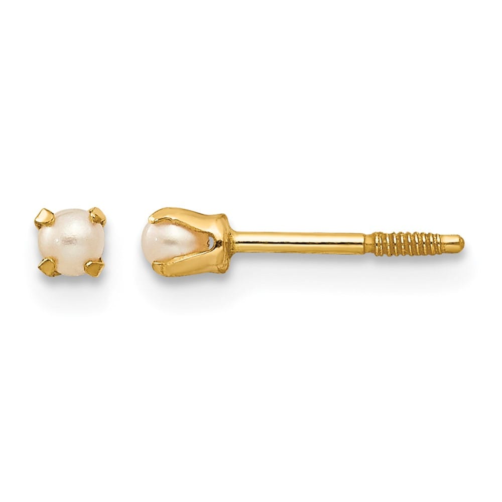 14K Yellow Gold Madi K 1-2mm White Round Pearl Screwback Post Earrings, view 1 of 5