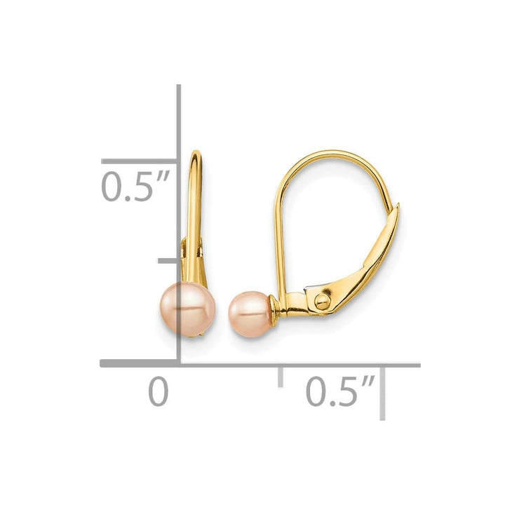 14K Yellow Gold Madi K 3-4mm Pink Round Pearl Leverback Earrings, view 4 of 5