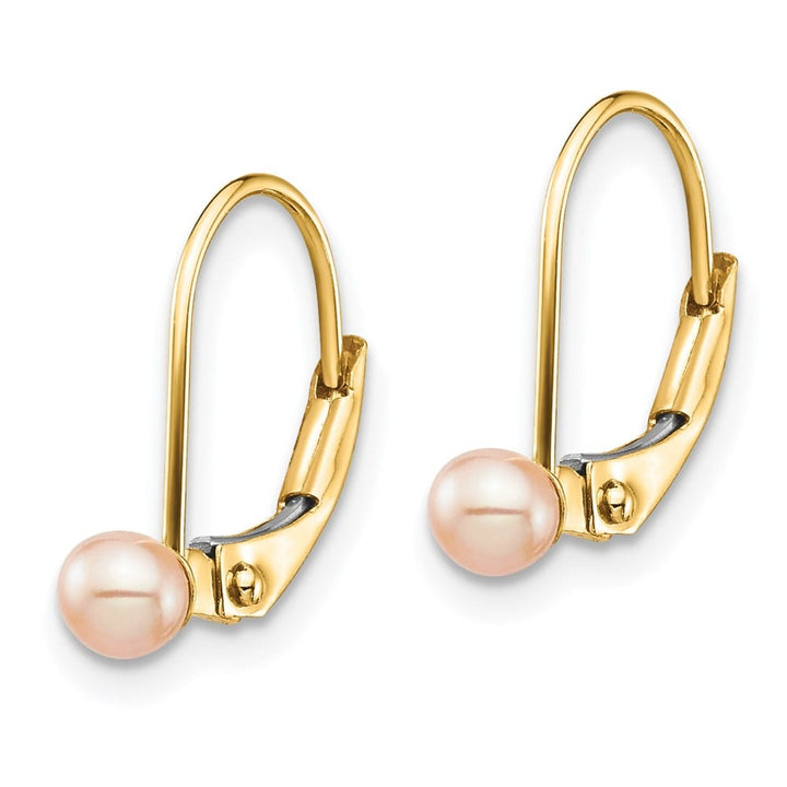 14K Yellow Gold Madi K 3-4mm Pink Round Pearl Leverback Earrings, view 2 of 5