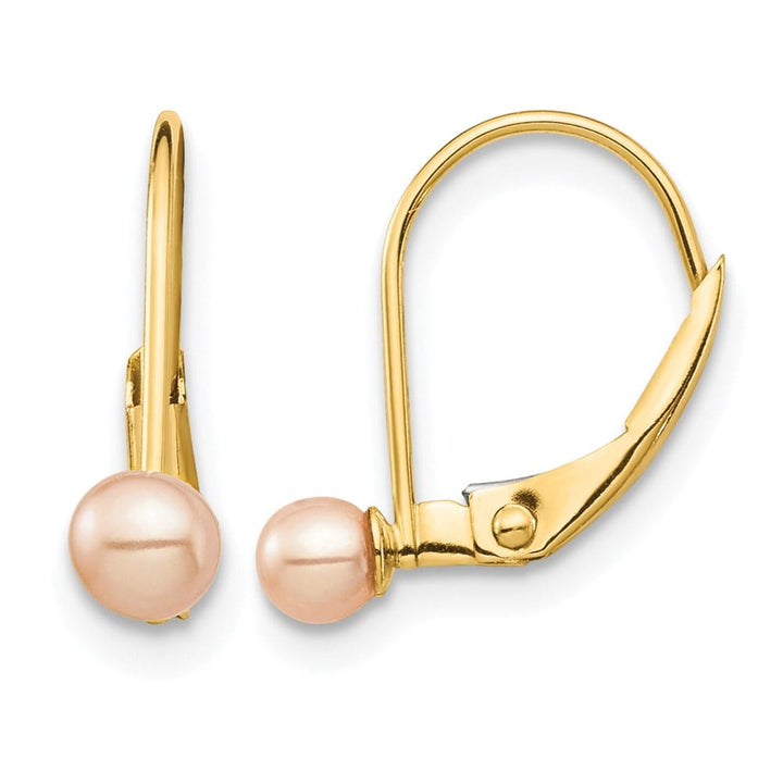 14K Yellow Gold Madi K 3-4mm Pink Round Pearl Leverback Earrings, view 1 of 5