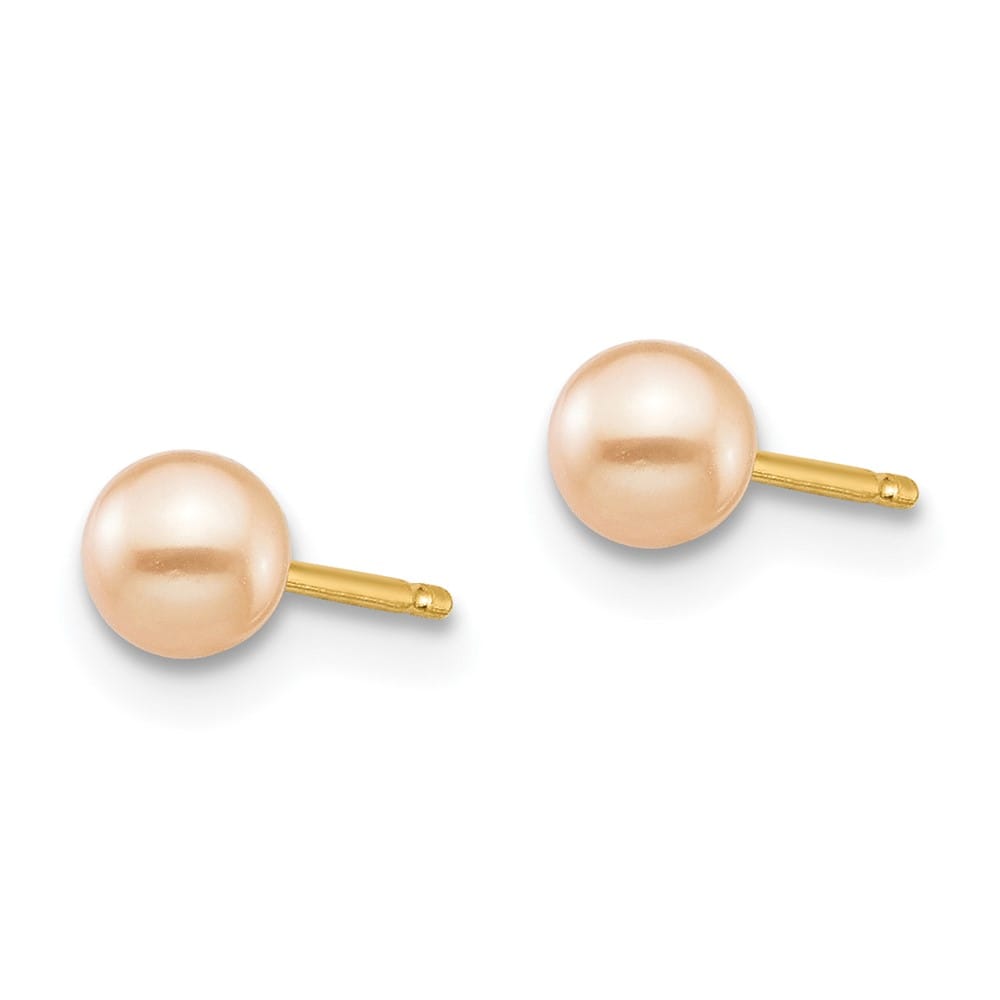 14K Yellow Gold Madi K 3-4mm Pink Round Pearl Stud Post Earrings, view 2 of 5