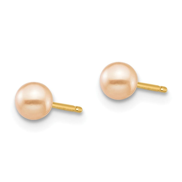 14K Yellow Gold Madi K 3-4mm Pink Round Pearl Stud Post Earrings, view 2 of 5