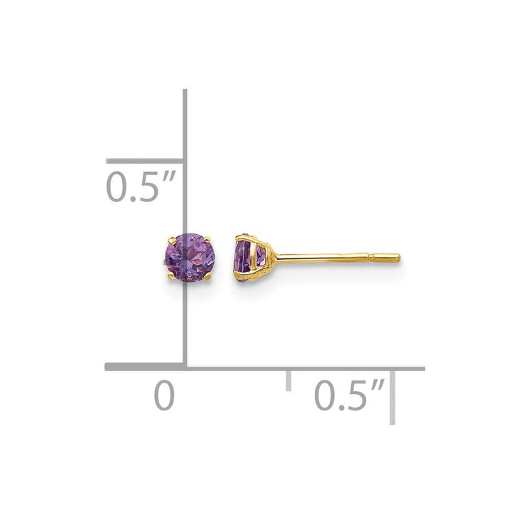 14K Yellow Gold Madi K 3mm Round Amethyst Post Earrings, view 4 of 5