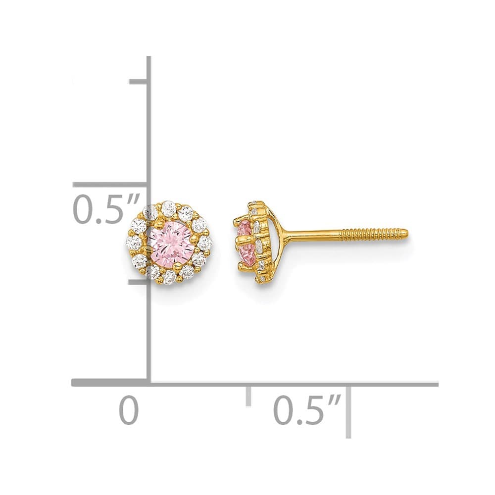 14K Yellow Gold Madi K 3mm Round Pink CZ Halo Screwback Post Earrings, view 3 of 5
