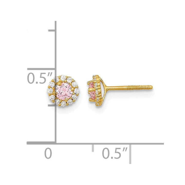 14K Yellow Gold Madi K 3mm Round Pink CZ Halo Screwback Post Earrings, view 3 of 5